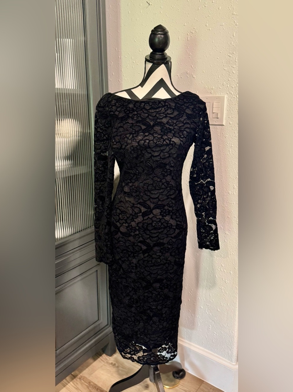Xscape Black Floral Lace Long Sleeve Dress